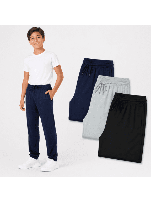 Boys Mesh Athletic Pants, 3 Pack Lightweight Jogger Pants with Pockets, Elastic Waist Active Pants for Boys Sizes 4-16
