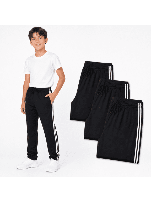 Boys Mesh Athletic Pants, 3 Pack Lightweight Jogger Pants with Pockets, Elastic Waist Active Pants for Boys Sizes 4-16