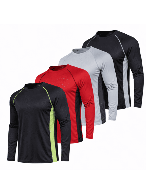 Dri-Fit Long Sleeve T Shirts for Men-4 Pack- Moisture Wicking, Quick Dry Tees (Up to 3XL)