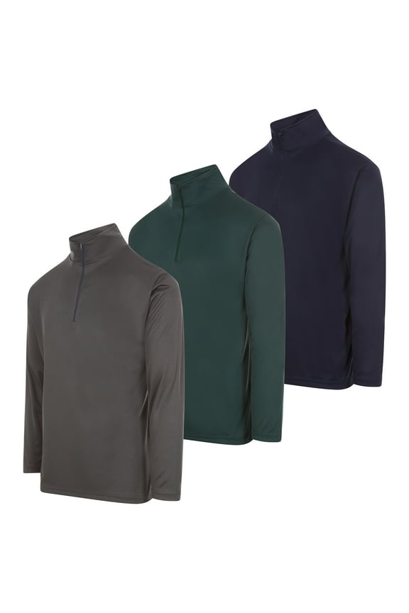 Men's Dry-Fit Quarter Zip Long Sleeve Athletic Performance Moisture Wicking Pullover, 3-Pack (Up to 3XL)
