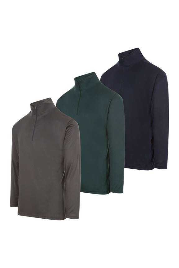 Men's Dry-Fit Quarter Zip Long Sleeve Athletic Performance Moisture Wicking Pullover, 3-Pack (Up to 3XL)