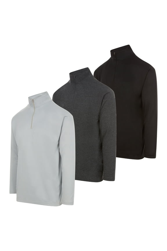 Men's Dry-Fit Quarter Zip Long Sleeve Athletic Performance Moisture Wicking Pullover, 3-Pack (Up to 3XL)