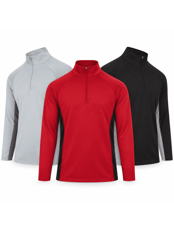 Men's Dry-Fit Quarter Zip Long Sleeve Athletic Performance Moisture Wicking Pullover, 3-Pack (Up to 3XL)
