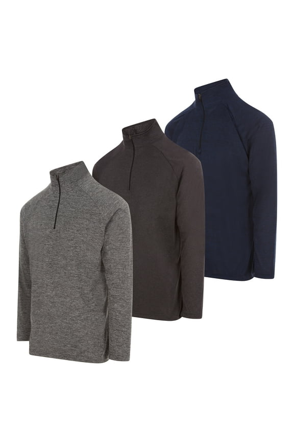Men's Dry-Fit Quarter Zip Long Sleeve Athletic Performance Moisture Wicking Pullover, 3-Pack (Up to 3XL)