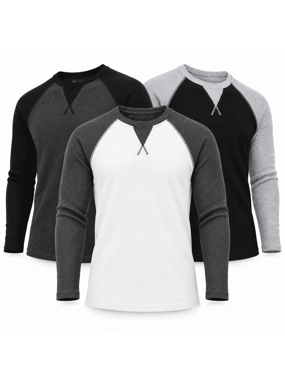 Men’s Thermal Shirts 3-Pack, Long Sleeve Waffle Knit Crew Neck Base Layer Tops, Warm Winter Layering Shirts, Sizes S–3XL