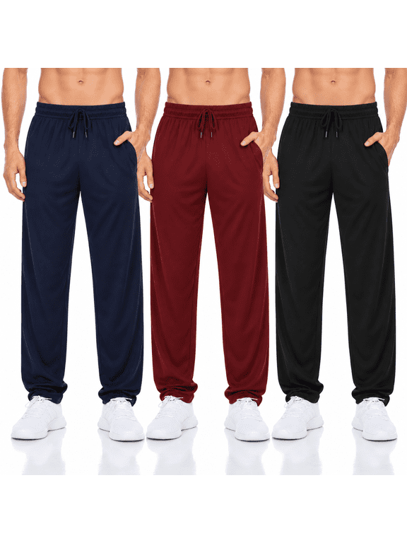 Men’s Lightweight Mesh Jogger Pants 3-Pack, Quick-Dry Athletic Workout Pants with Pockets & Drawstring Waist, Sizes S-3XL