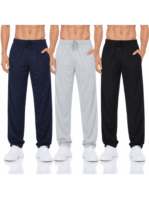 Men’s Lightweight Mesh Jogger Pants 3-Pack, Quick-Dry Athletic Workout Pants with Pockets & Drawstring Waist, Sizes S-3XL