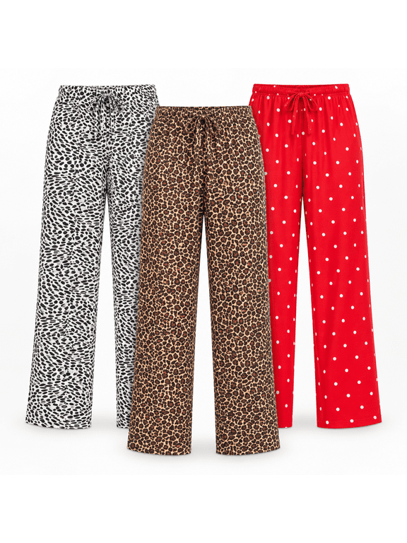 Women’s Pajama Pants 3-Pack, Lightweight Soft Stretch Printed Sleep & Lounge Pants with Adjustable Drawstring Waist, Sizes S–2XL