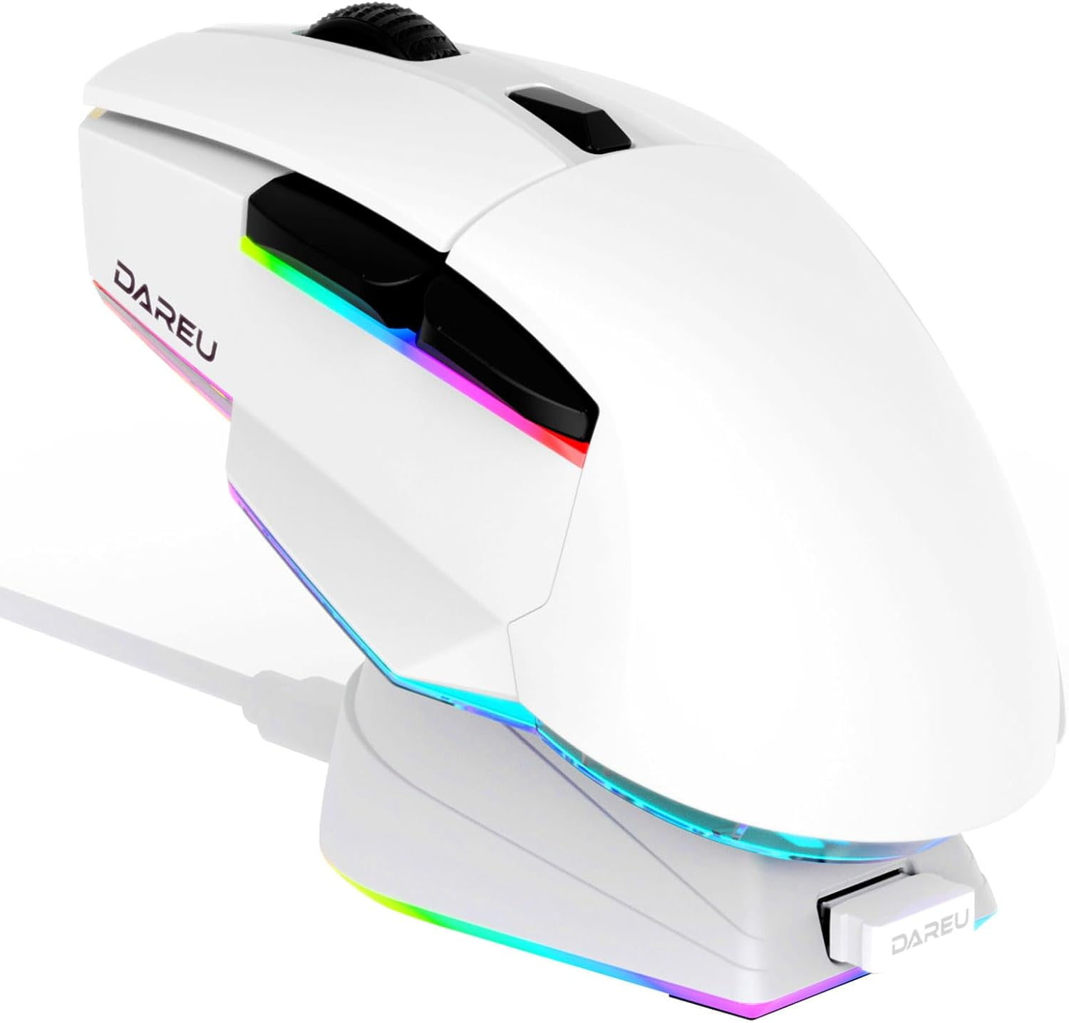 DAREU A955 Lightweight Wireless Gaming Mouse with RGB Charging Dock: Tri-Mode 2.4G/USB-C/BT Mouse Up to 12K DPI Optical Sensor -KBS II Buttons Fully Programmable- 120 Hr Battery