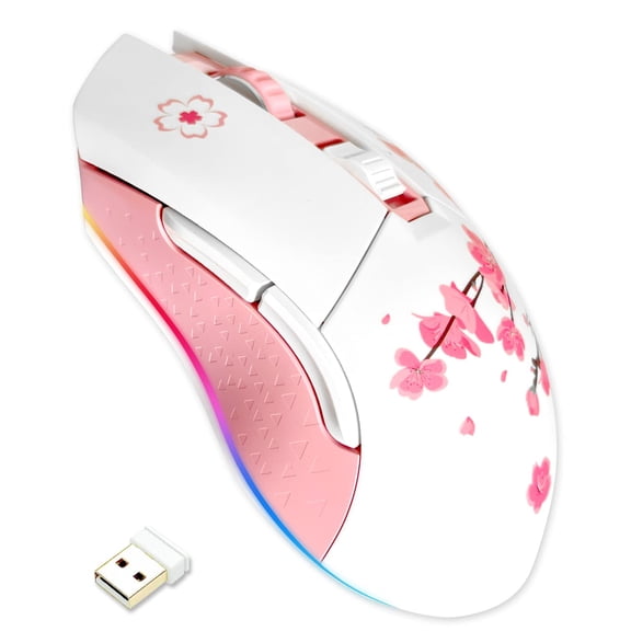 DAREU Sakura Pink Wireless Wired Gaming Mouse, Dual-Mode Rechargeable 6 Programmable Buttons,10K DPI,RGB and 7 Adjustable DPI Levels up to [150IPS] [1000Hz Polling Rate] for PC Notebook Mac