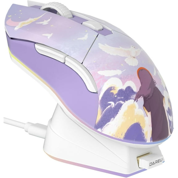 DAREU Wireless Gaming Mouse with Charging Dock Rechargeable RGB,12K DPI,7 Programmable Buttons High-Precision Sensor [300IPS] [1000Hz] for PC Notebook Mac