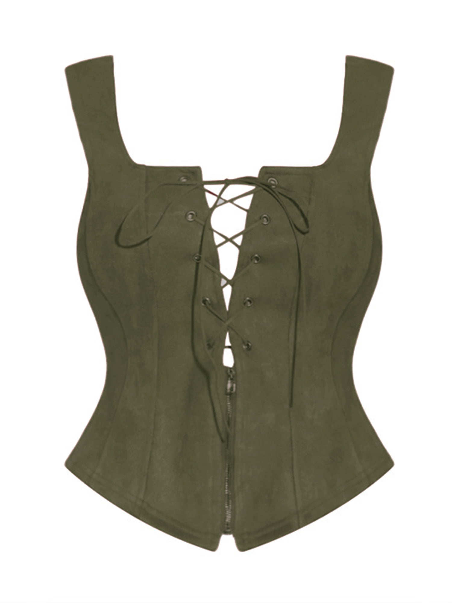 DARING DIVA Women Faux Suede Vintage Lace Up Waistcoat Vest L Dark Green