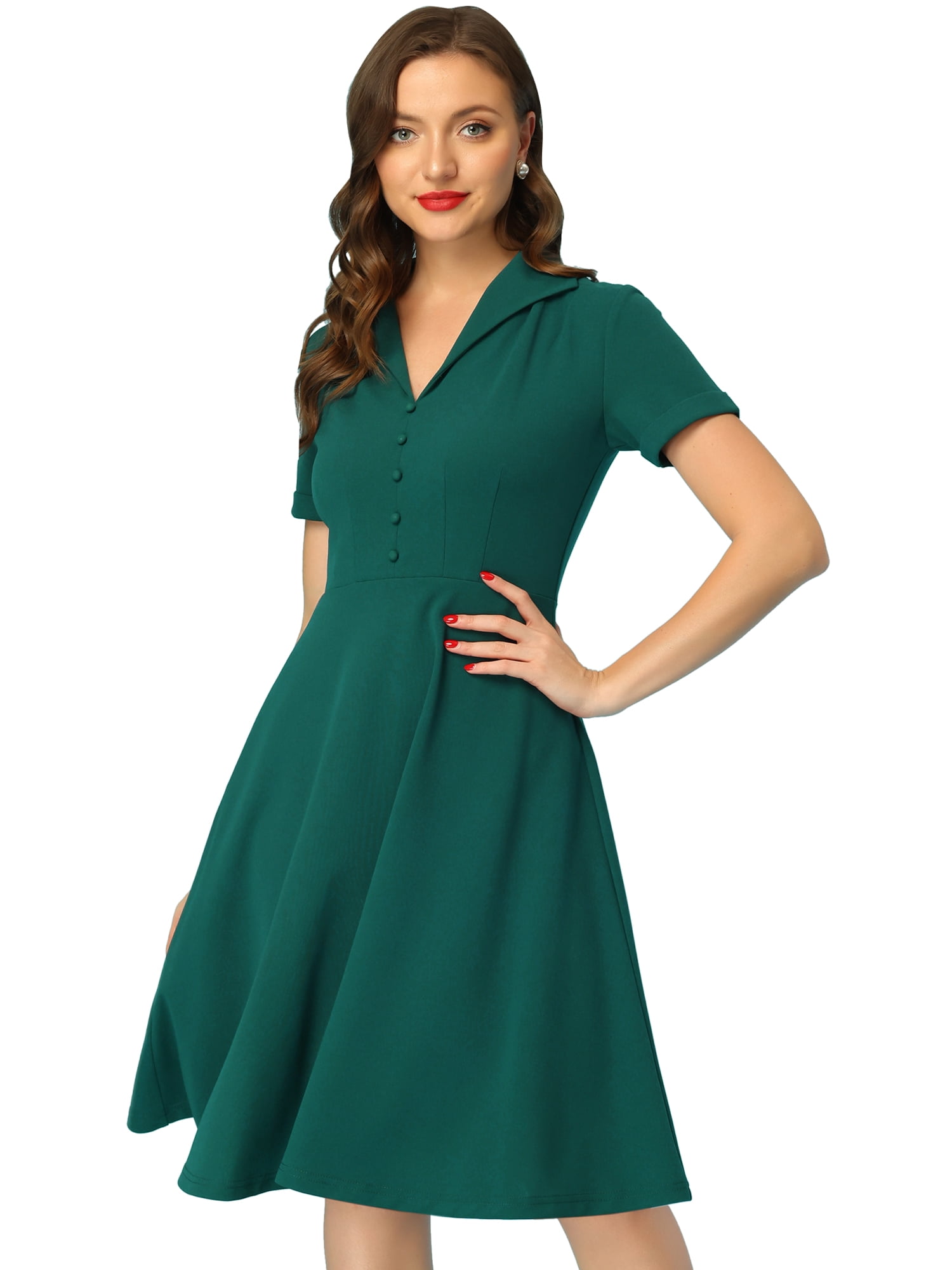 DARING DIVA 1950s Retro Vintage Short Sleeve V Neck A-Line Swing Dresses XL Dark Green