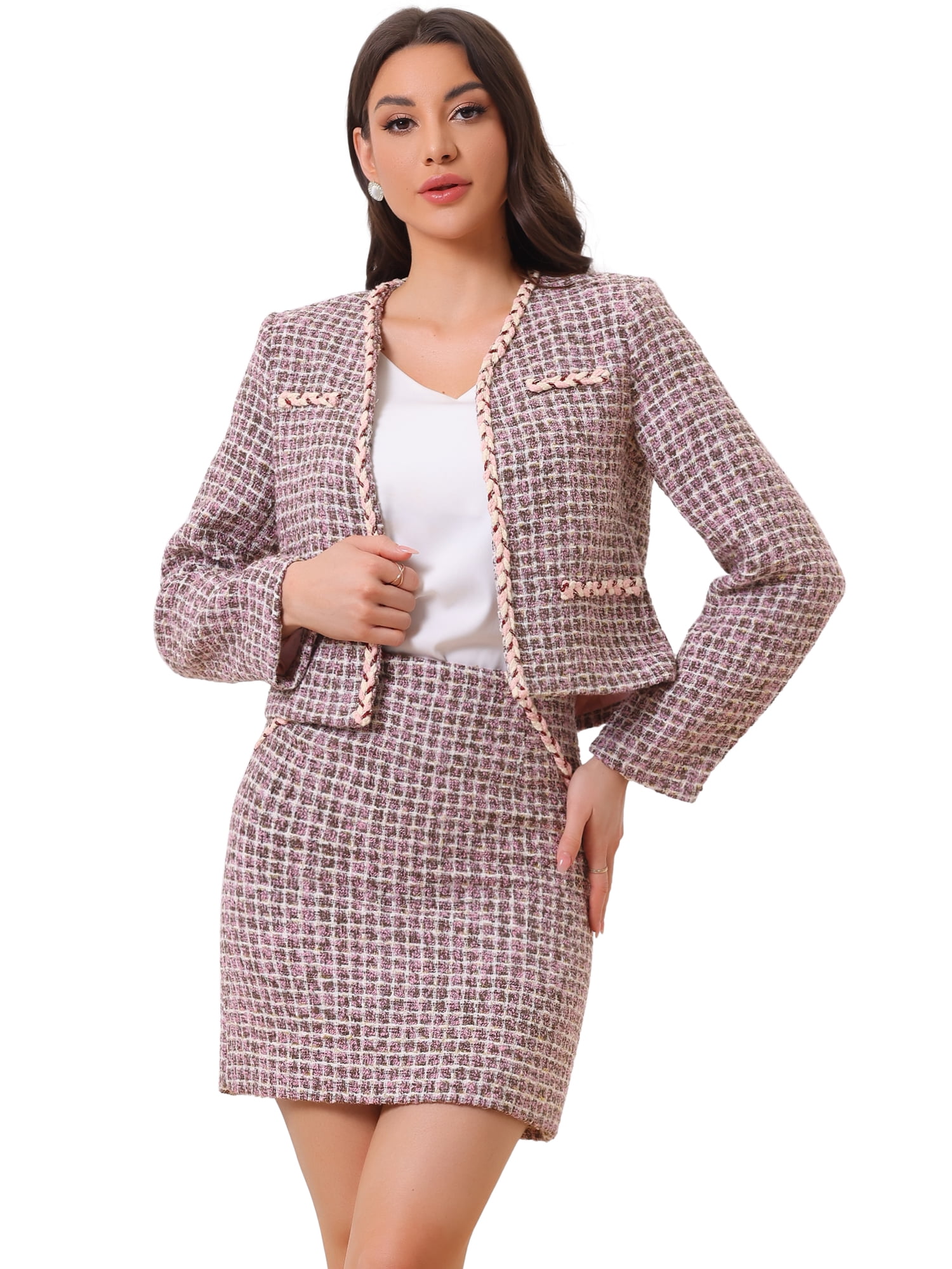 DARING DIVA 2Pcs Women's Business Blazer Mini Tweed Plaid Skirt Set XL Pink Purple