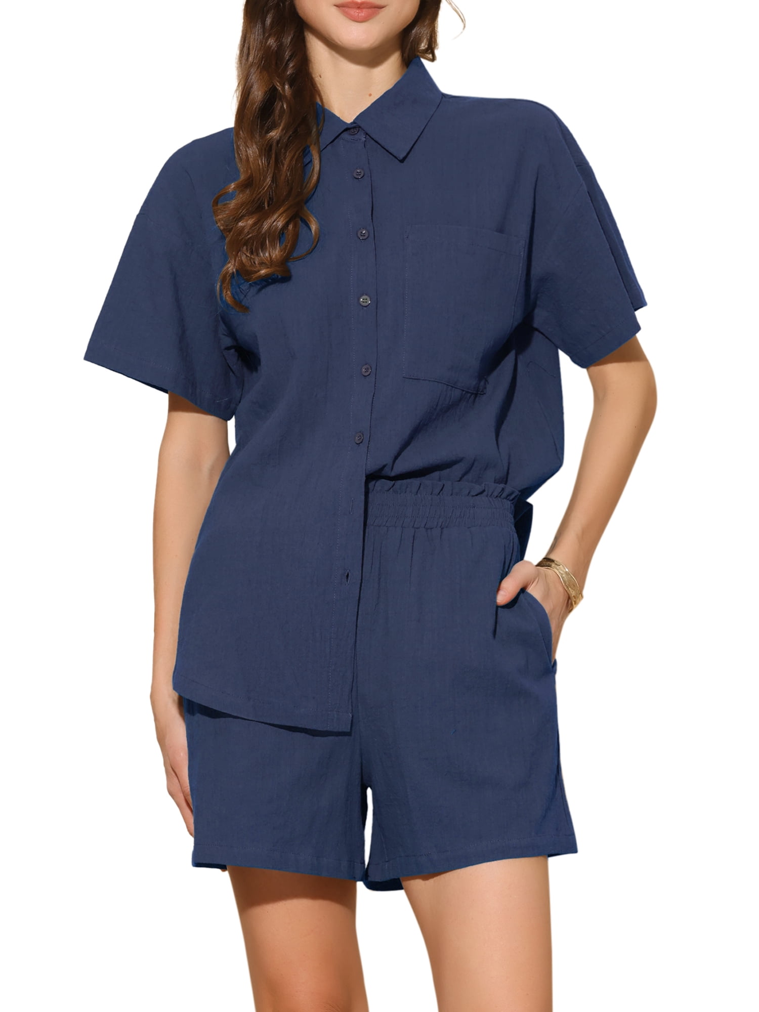 DARING DIVA 2 Pcs Women #39 s Cotton Button Down Shirt Lounge Beach Short DARING DIVA 2 Pcs Women #39 s Cotton Button Down Shirt Lounge Beach Short