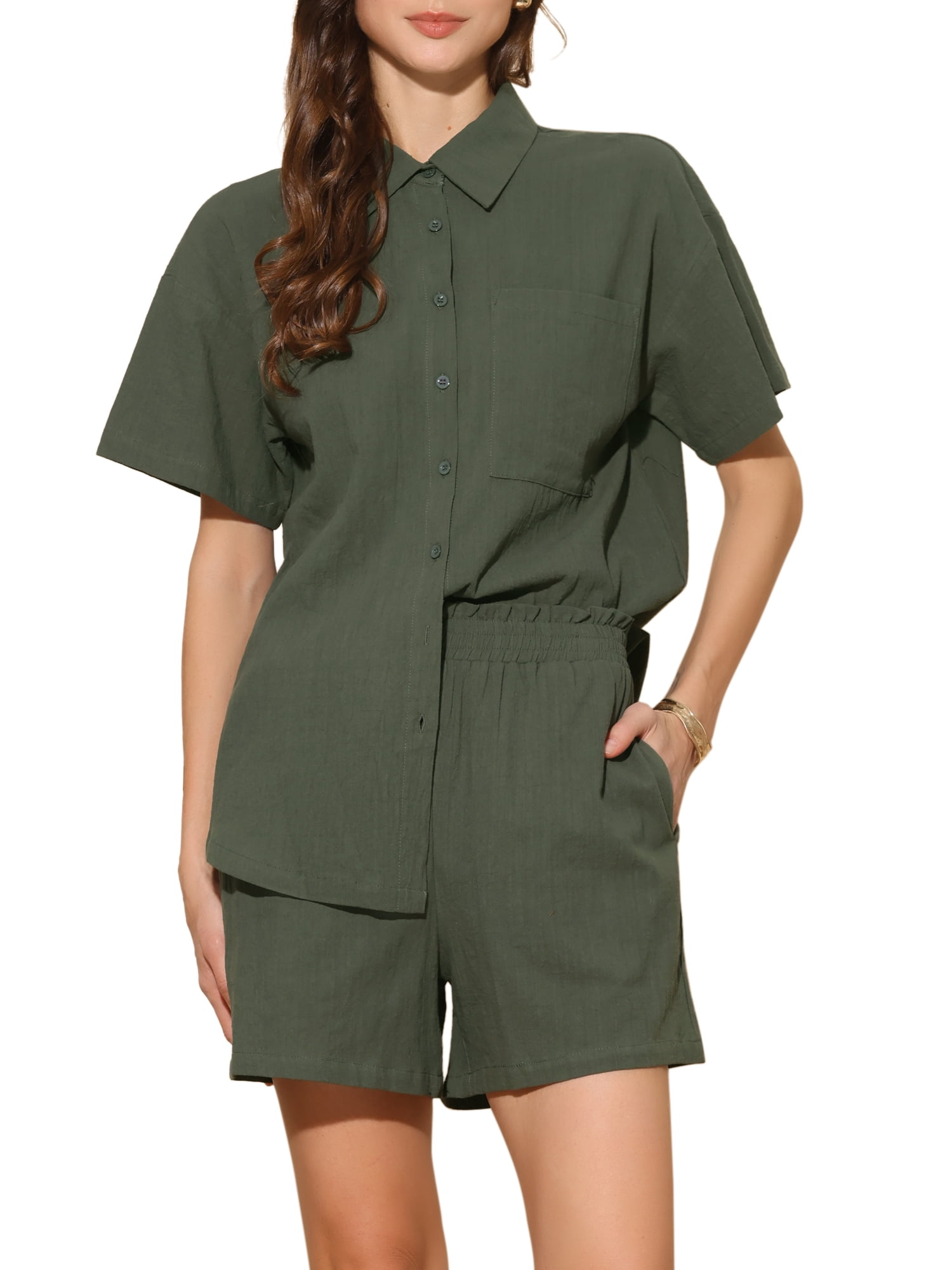 DARING DIVA 2 Pcs Women's Cotton Button Down Shirt Lounge Beach Short Sets XS Army Green