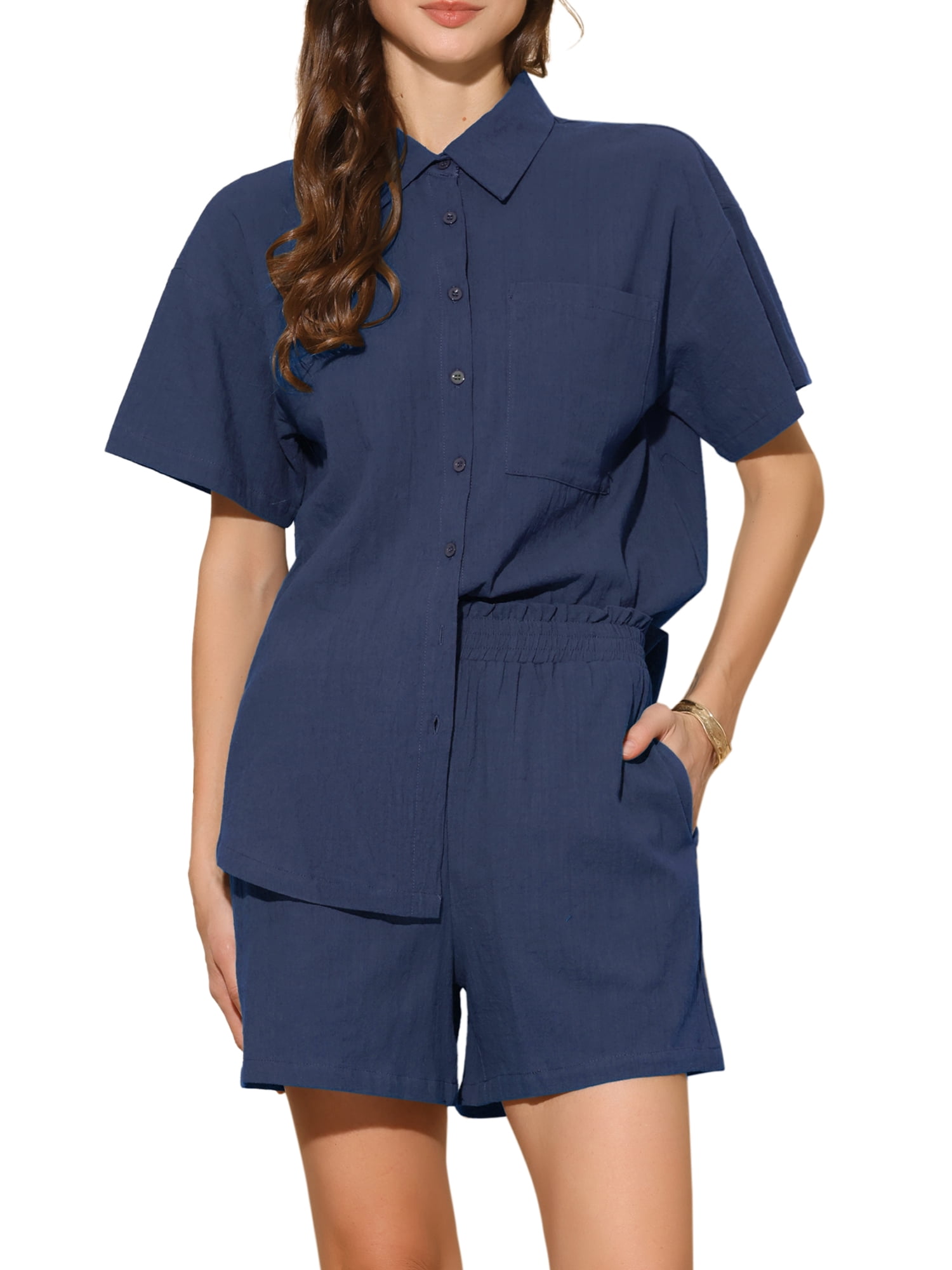 DARING DIVA 2 Pcs Women's Cotton Button Down Shirt Lounge Beach Short Sets XS Dark Blue
