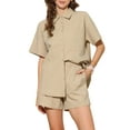 thumbnail image 1 of DARING DIVA 2 Pcs Women's Cotton Button Down Shirt Lounge Beach Short Sets XS Khaki, 1 of 6