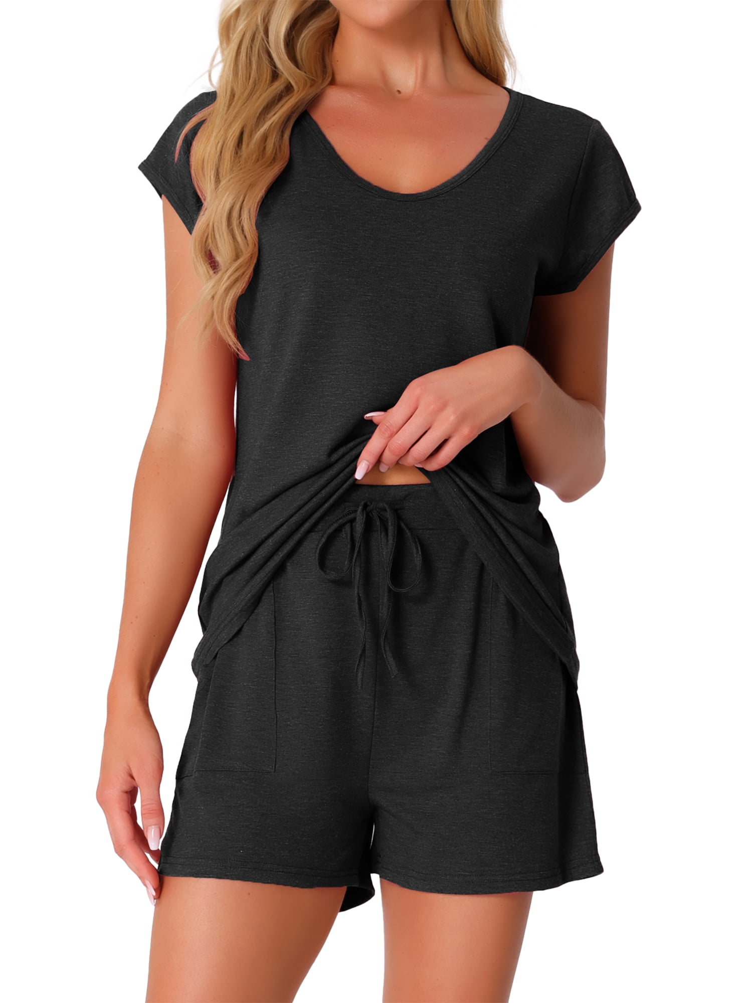 DARING DIVA 2 Pieces Lounge Knit Tee and Shorts Pajama Set S Black
