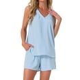 thumbnail image 1 of DARING DIVA 2 Pieces Lounge Set Pajama Halter V Neck Cami Shorts Outfit XS Light Blue, 1 of 6