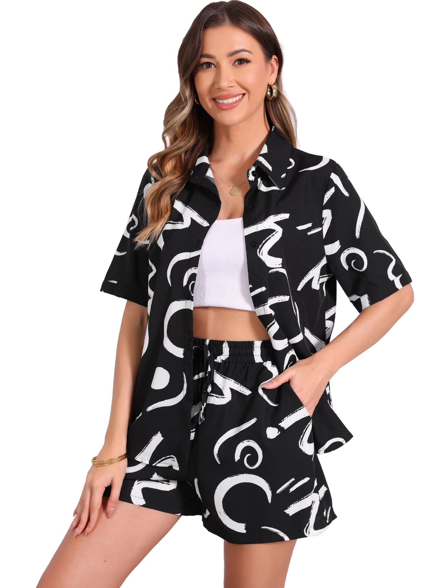 DARING DIVA 2 Pieces Women's Short Sleeve Pajama Beach Sets L Black