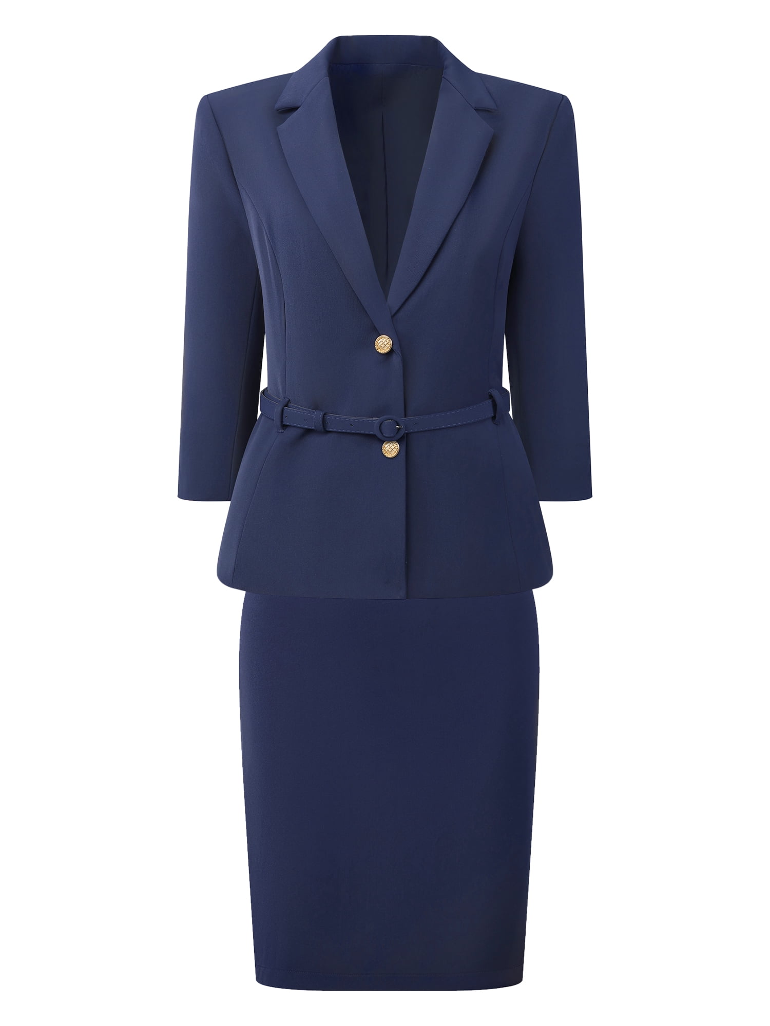 DARING DIVA 2Pcs Women's Business Dressy 3/4 Sleeve Suit Blazer Skirt Set S Navy Blue