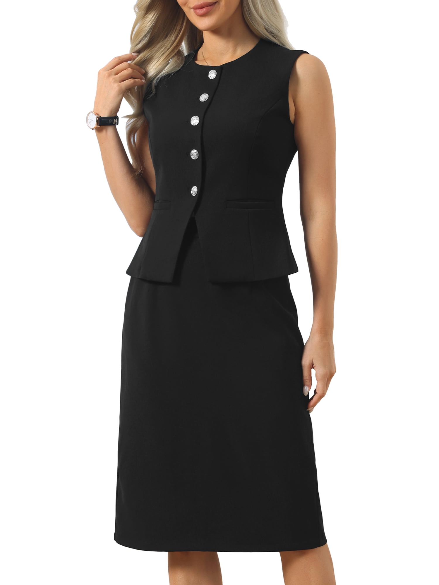 DARING DIVA 2Pcs Women's Business Sleeveless Vest Pencil Skirts Suit Set L Black