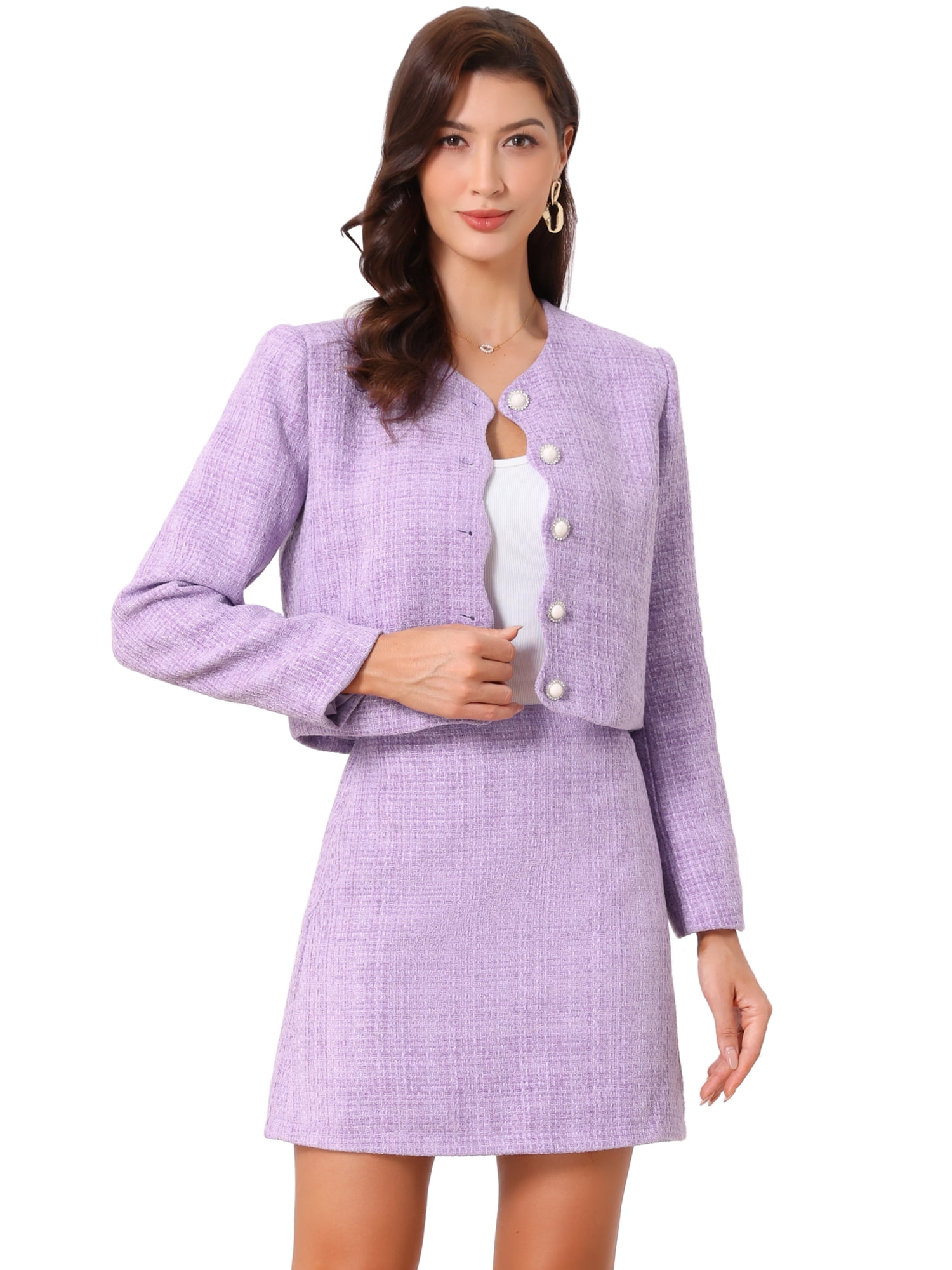 DARING DIVA 2Pcs Women's Elegant Business Blazer Skirt Tweed Suit Set S Purple