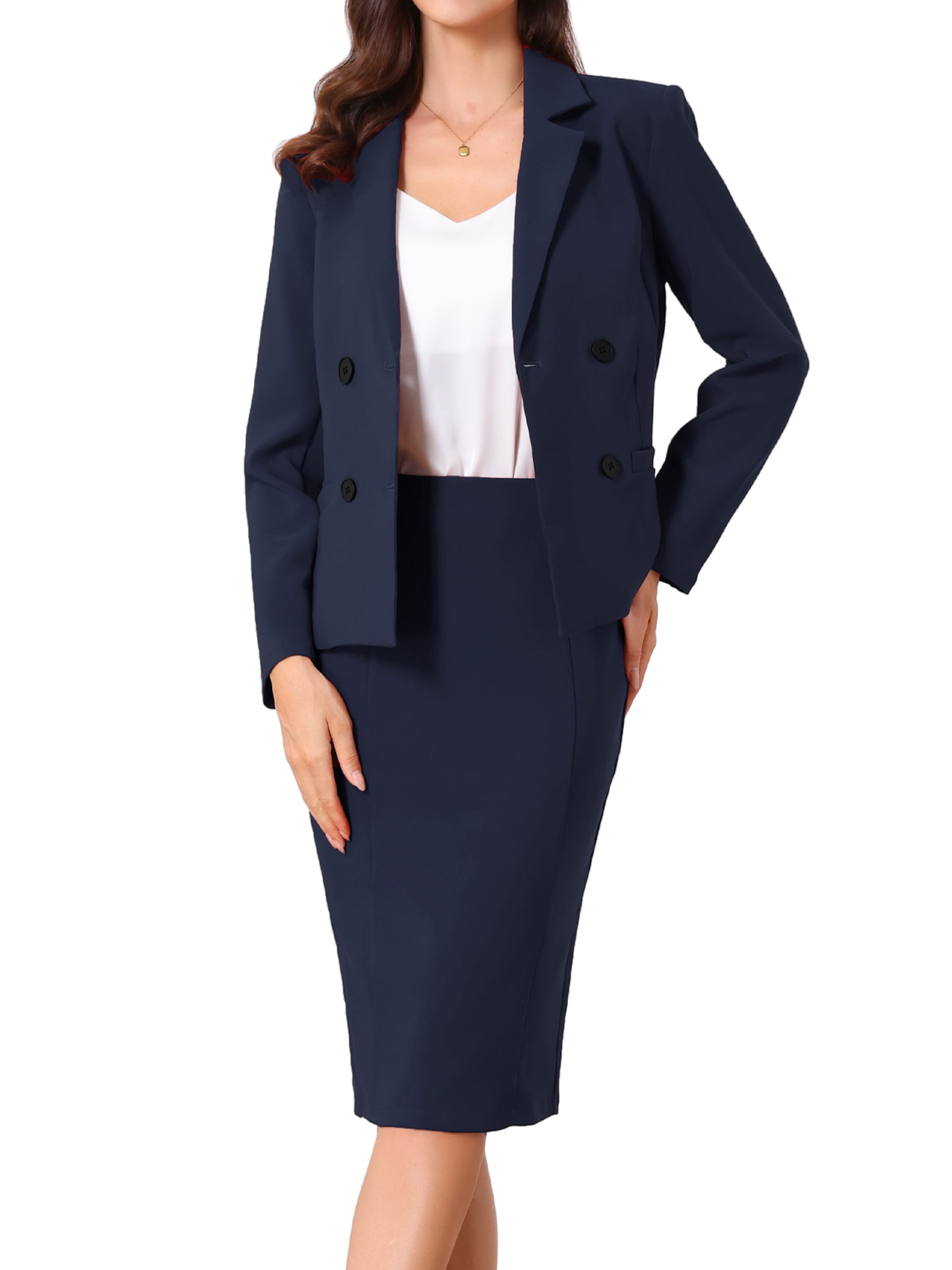 DARING DIVA 2Pcs Women's Long Sleeve Blazer Pencil Skirt Suit Set M Navy Blue