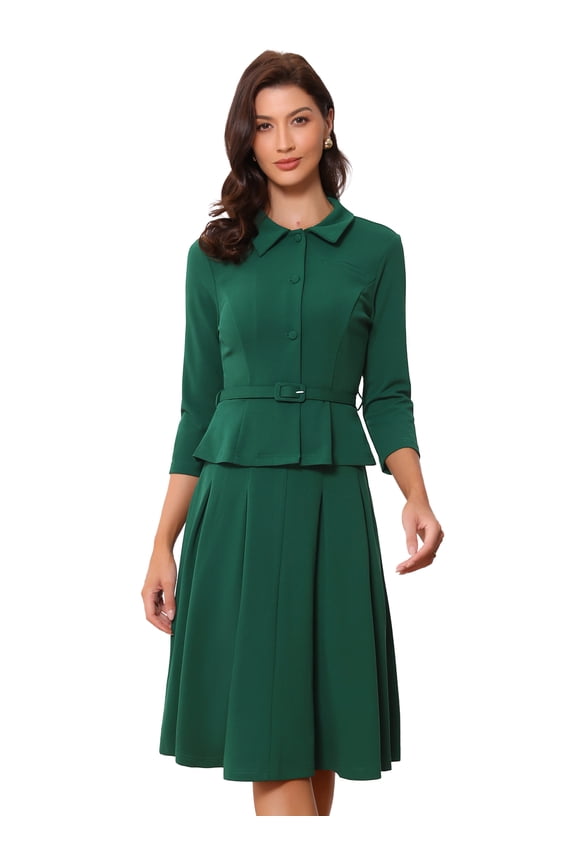 2Pcs Women's Office Blazer Jacket Pleated Skirt Suit Set L Dark Green