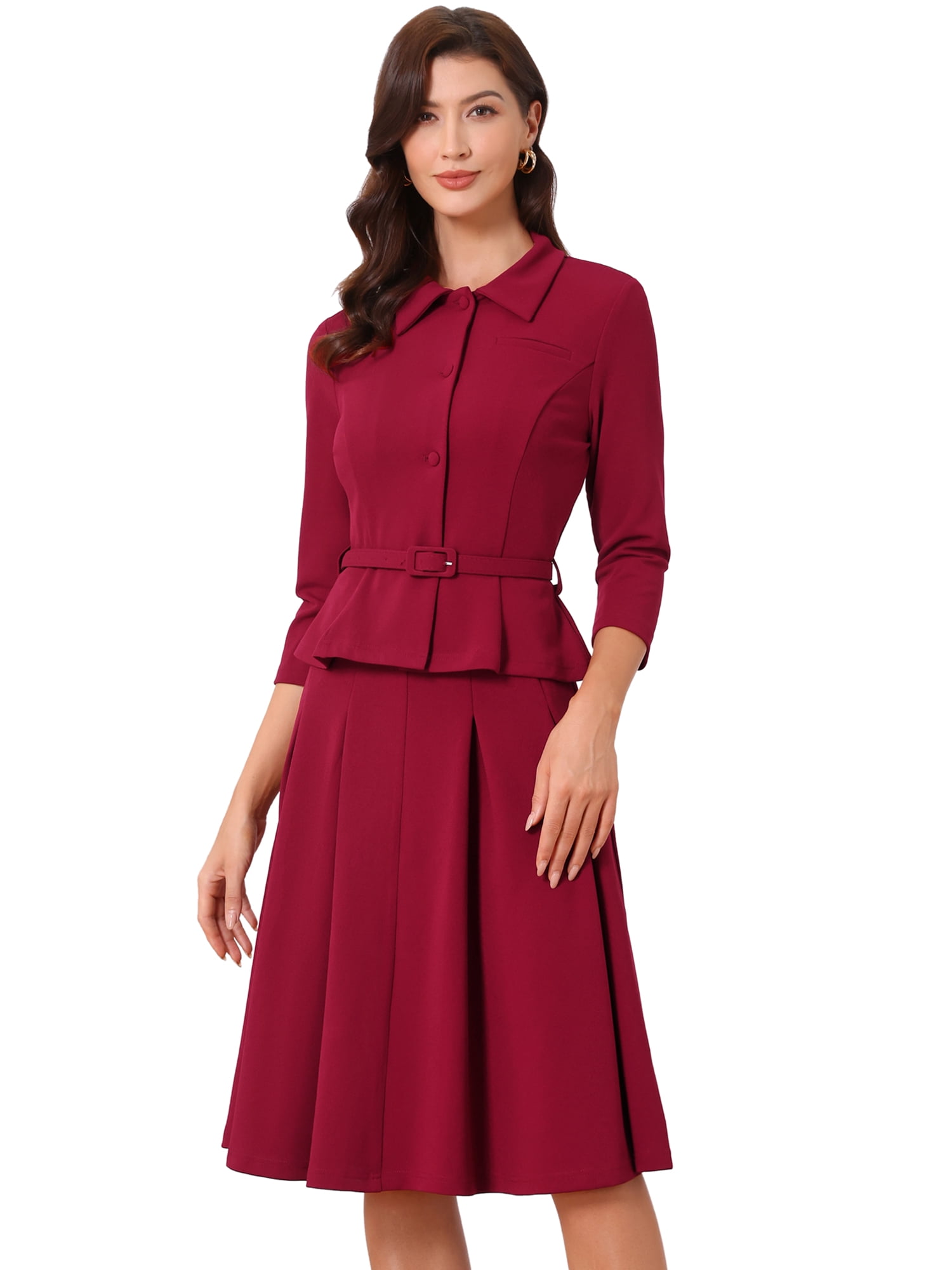 DARING DIVA 2Pcs Women's Office Blazer Jacket Pleated Skirt Suit Set L Dark Red