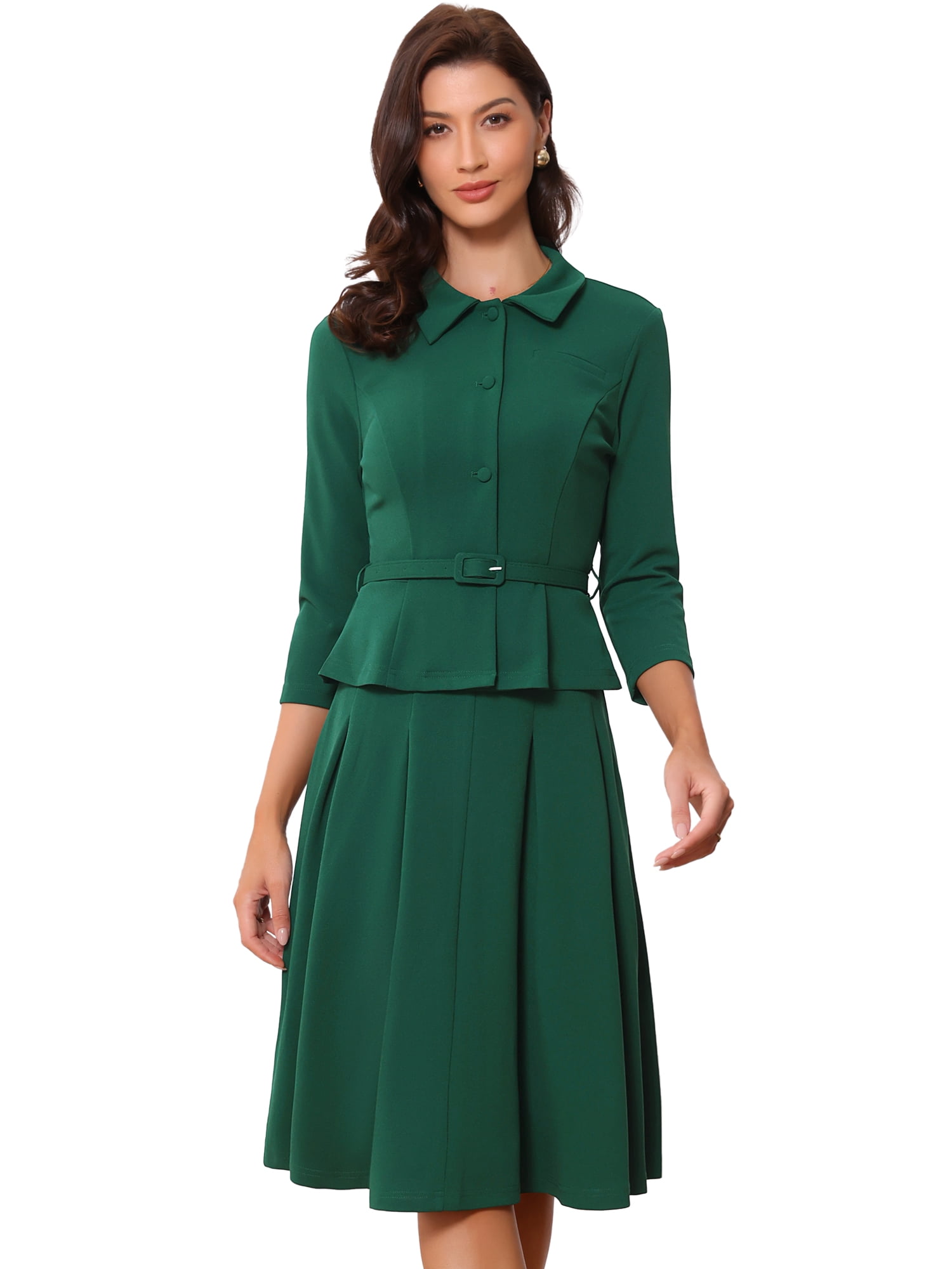 DARING DIVA 2Pcs Women's Office Blazer Jacket Pleated Skirt Suit Set M Dark Green