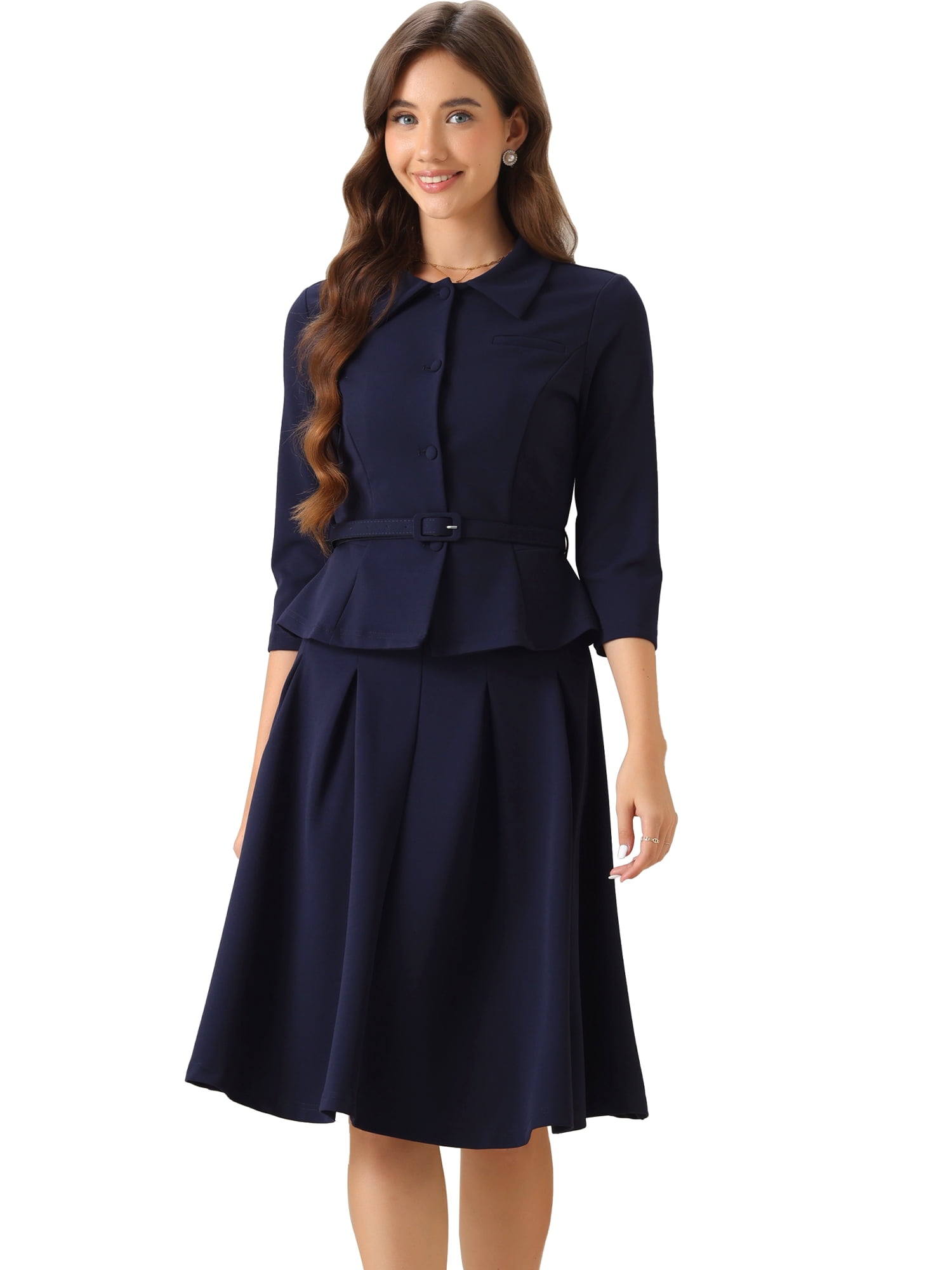 DARING DIVA 2Pcs Women's Office Blazer Jacket Pleated Skirt Suit Set XL Dark Blue