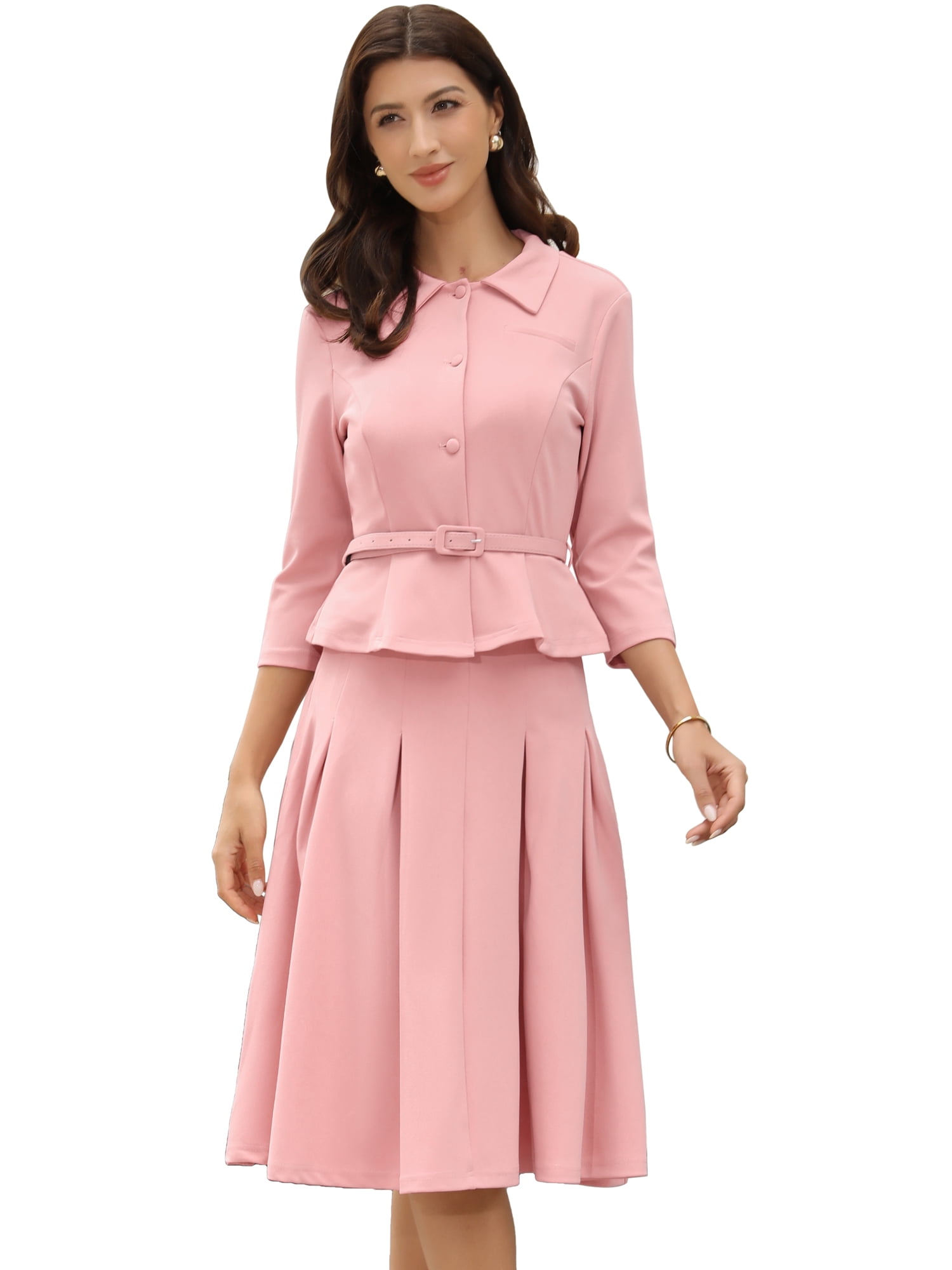 DARING DIVA 2Pcs Women's Office Blazer Jacket Pleated Skirt Suit Set XL Dusty Pink