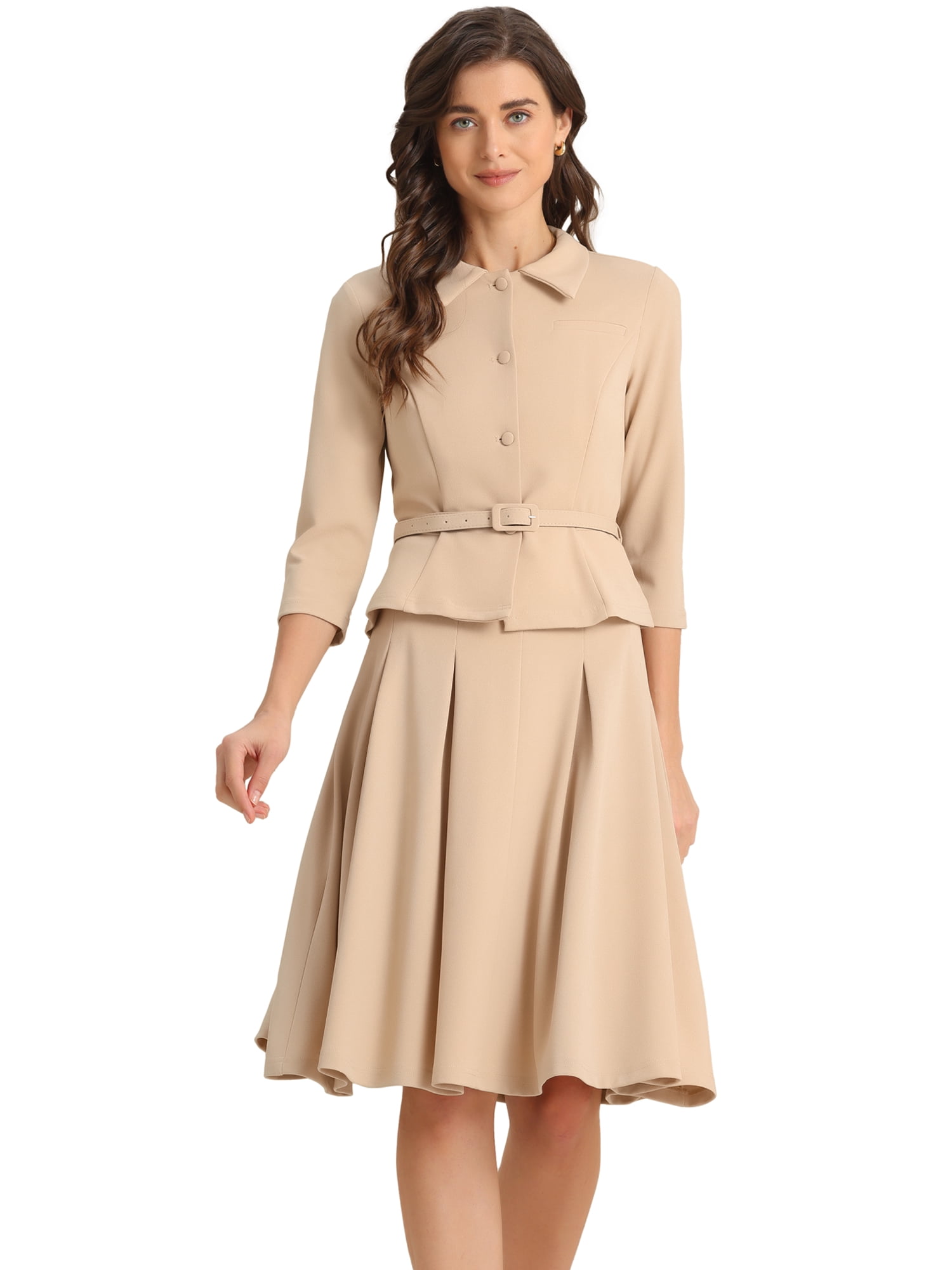 DARING DIVA 2Pcs Women's Office Blazer Jacket Pleated Skirt Suit Set XL Khaki