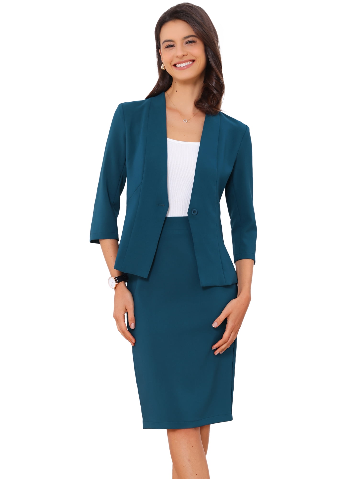 DARING DIVA 2Pcs Women's Office Work Outfit Business Skirt Suit Set M Lake Blue