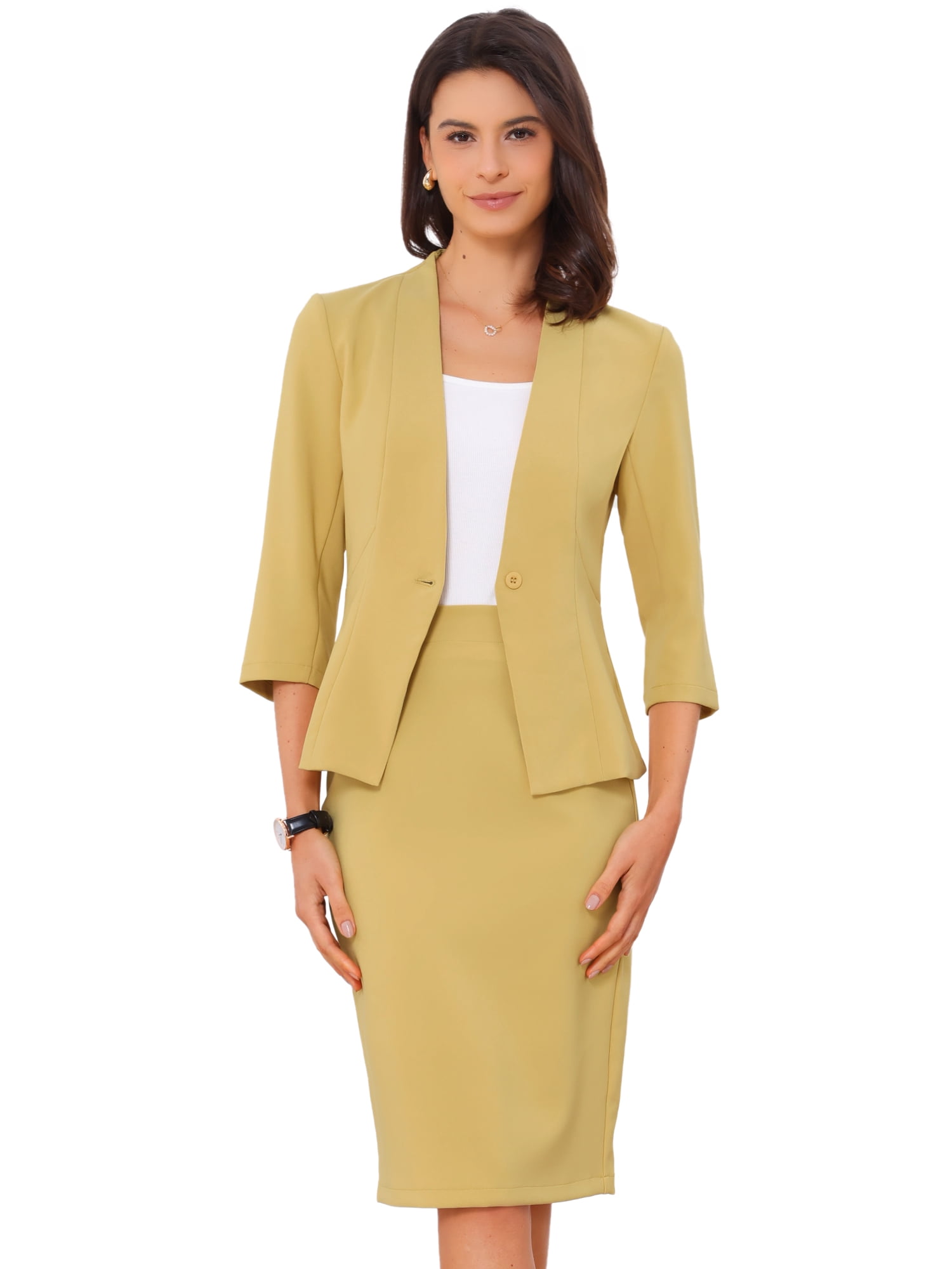DARING DIVA 2Pcs Women's Office Work Outfit Business Skirt Suit Set XL Yellow