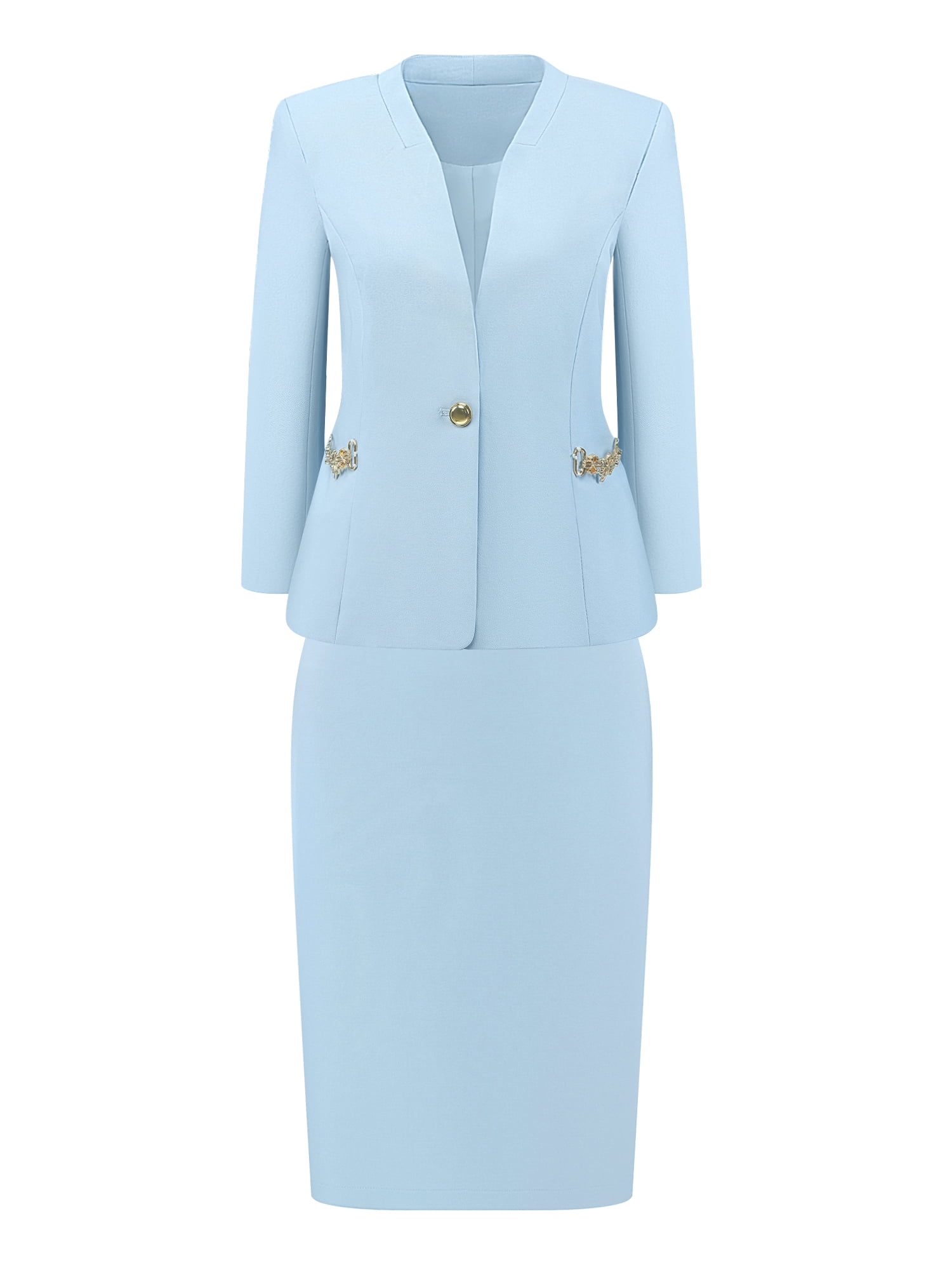 DARING DIVA 2Pcs Women's Outfit Work Office Blazer Pencil Skirt Suit Set M Light Blue