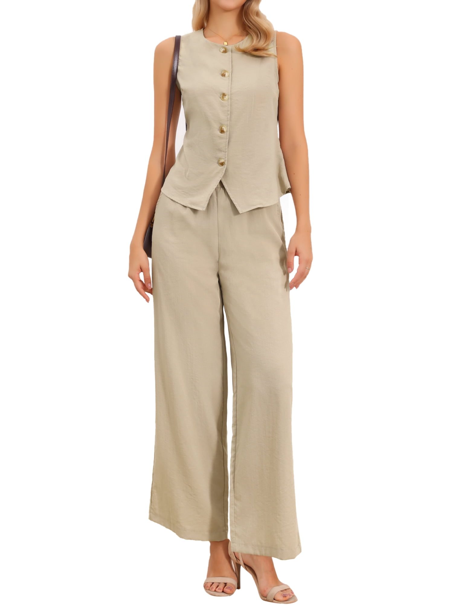 DARING DIVA 2Pcs Women's Outfits Dressy Wide Leg Pant SuitCasual Set M Khaki
