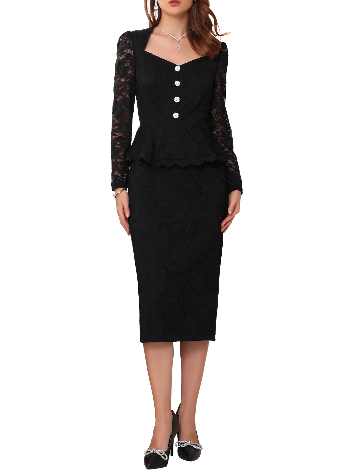 DARING DIVA 2Pcs Women's Outfits Peplum Top Wedding Cocktail Skirt Set L Black