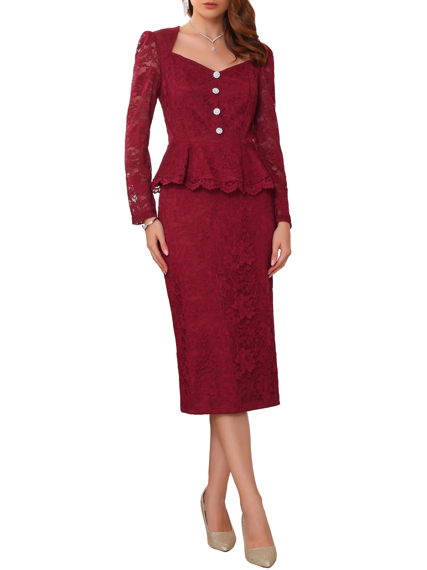 DARING DIVA 2Pcs Women's Outfits Peplum Top Wedding Cocktail Skirt Set M Burgundy