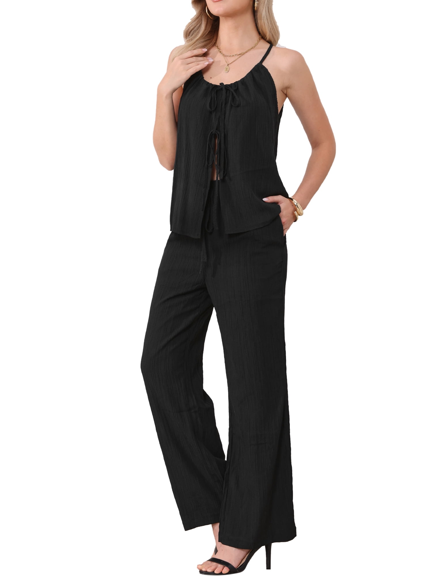 DARING DIVA 2Pcs Women's Sleeveless Tie Front Top Wide Leg Pant Lounge Set L Black