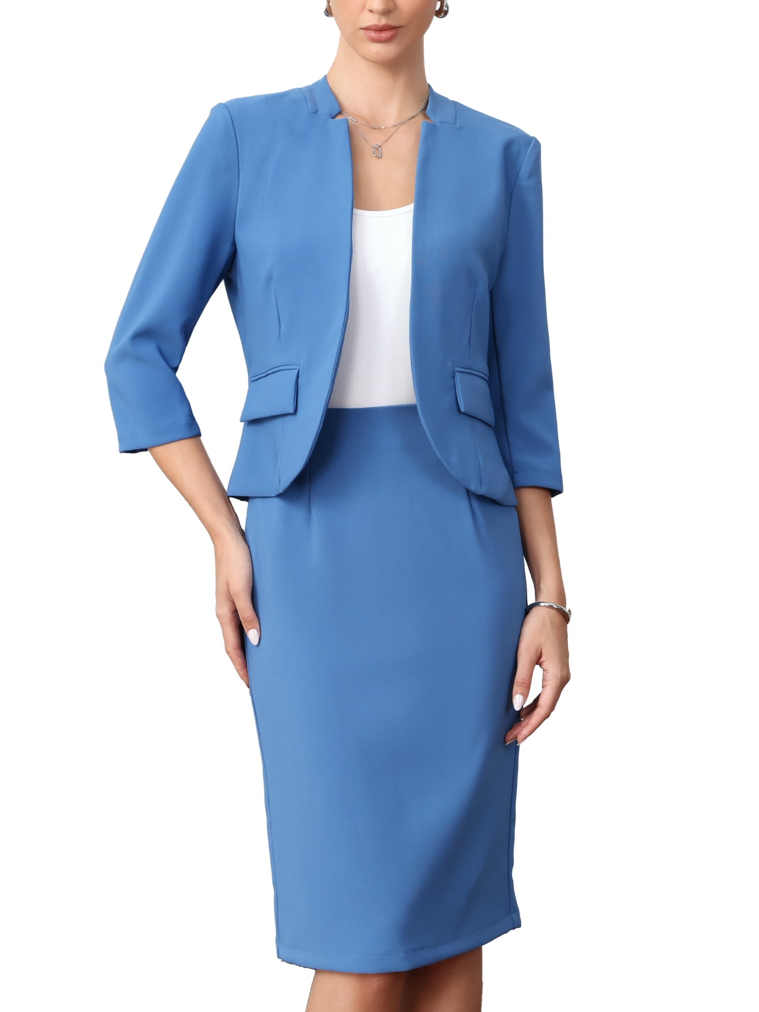 DARING DIVA 2Pcs Women's Spring Skirt Collarless Blazer Set S Blue