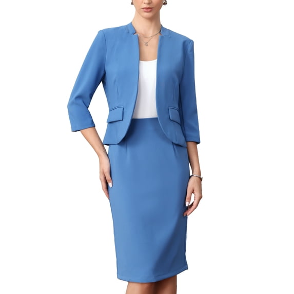 DARING DIVA 2Pcs Women's Spring Skirt Collarless Blazer Set XS Blue