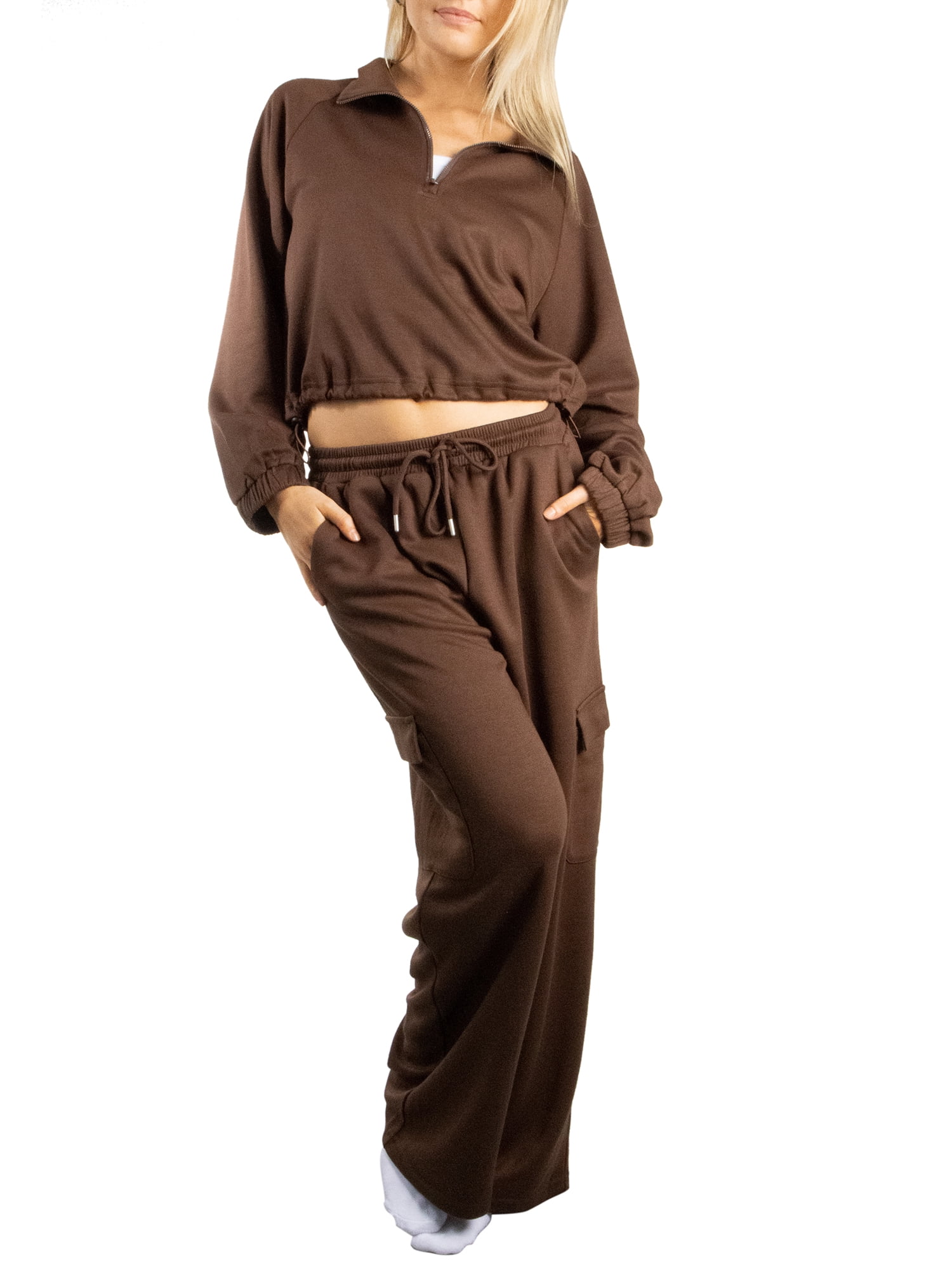 DARING DIVA 2Pcs Women's Stylish Half Zip Pullover Pants Set L Brown