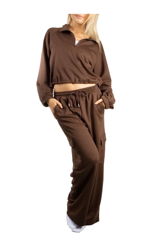 2Pcs Women's Stylish Half Zip Pullover Pants Set XS Brown