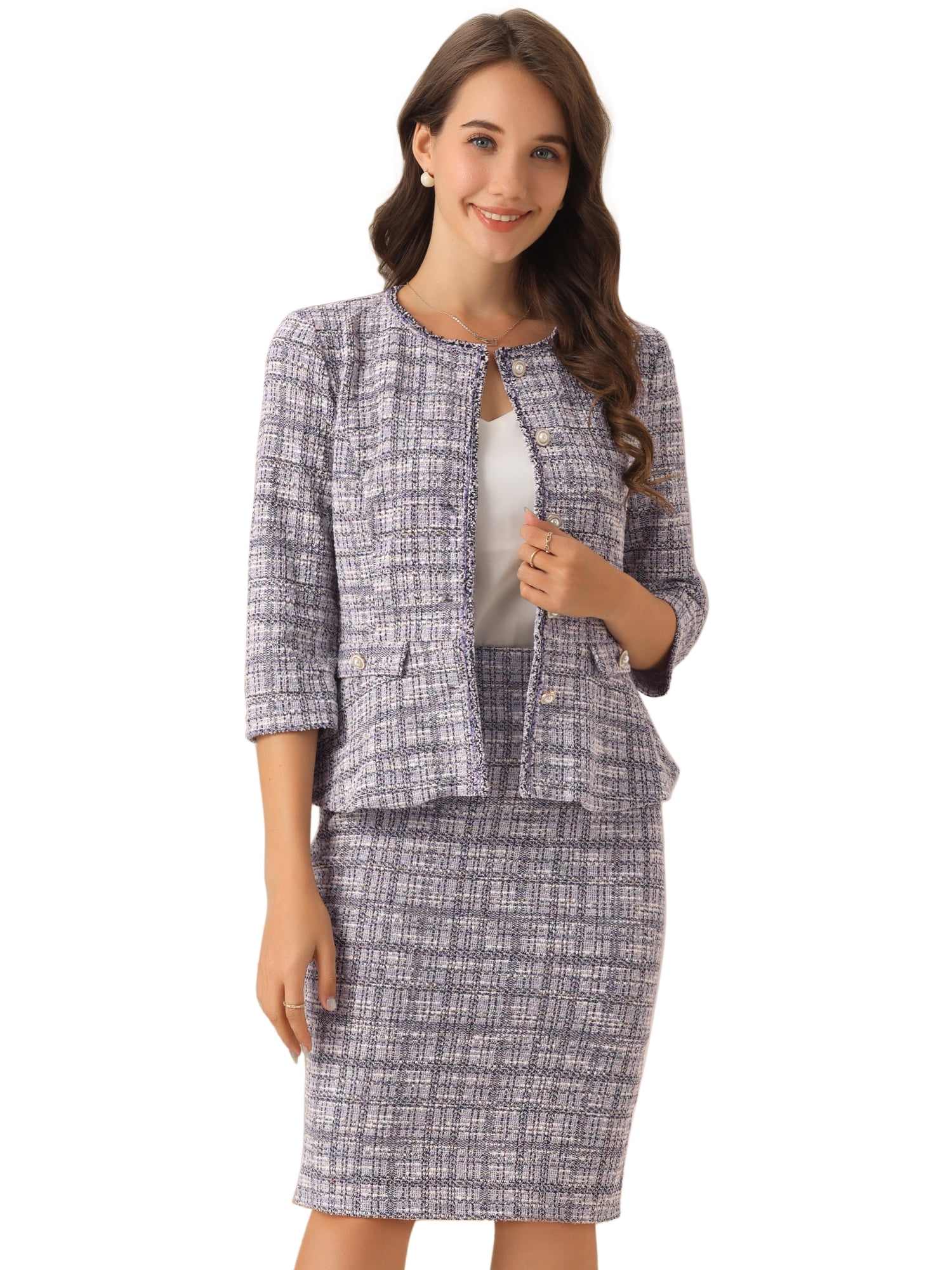 DARING DIVA 2Pcs Women's Suit Jacket Pencil Tweed Skirt Suit Set S Purple
