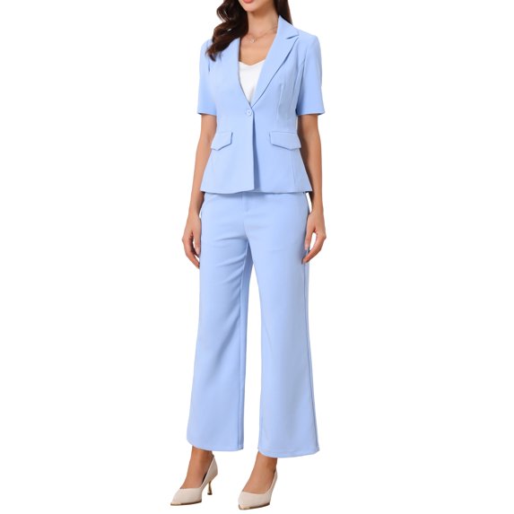DARING DIVA 2Pcs Women's Work Office Outfits Dressy Blazer Pantsuit Set M Light Blue