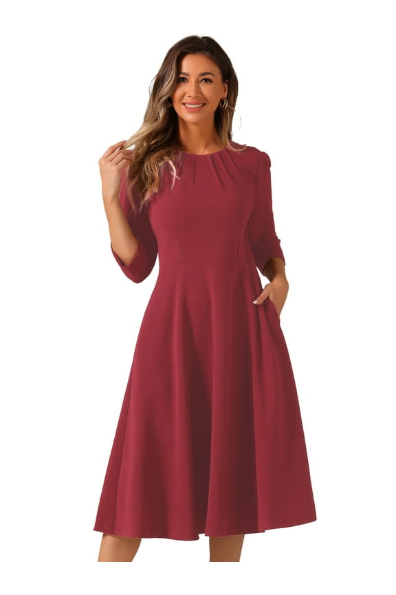 3/4 Sleeve A-Line Midi Work Dress M Dark Red