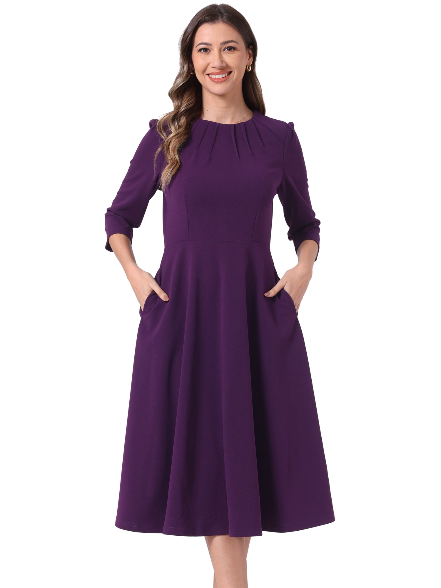 DARING DIVA 3/4 Sleeve A-Line Midi Work Dress S Deep Purple